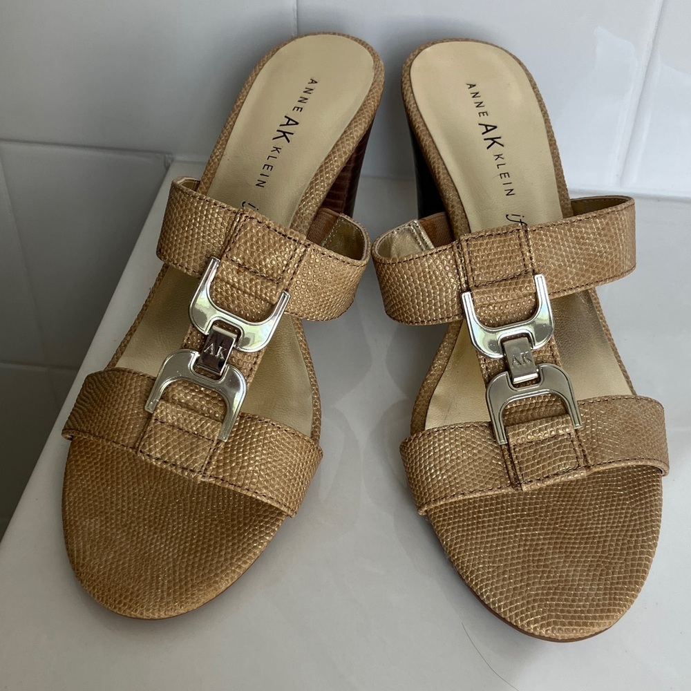 New Anne Klein Women's Sandals with Goldtone Straps & Silver Buckle.